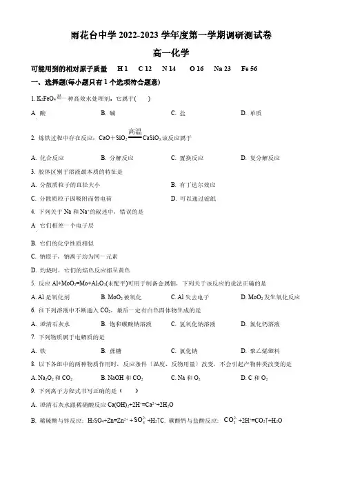 2022-2023学年江苏省南京市雨花台中学高一上学期月考化学试题含详解