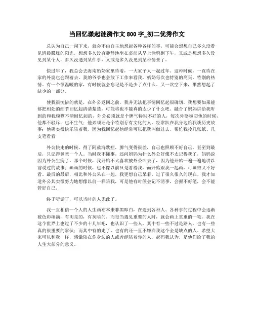 当回忆漾起涟漪作文800字_初二优秀作文
