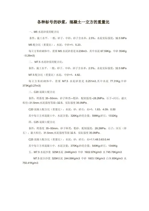 各种标号的砂浆,混凝土一立方的重量比