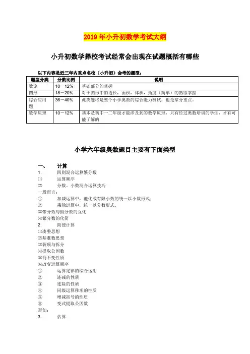 2019年小升初数学考试大纲