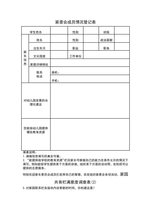 幼儿园家校联系表格：家委会成员情况登记表
