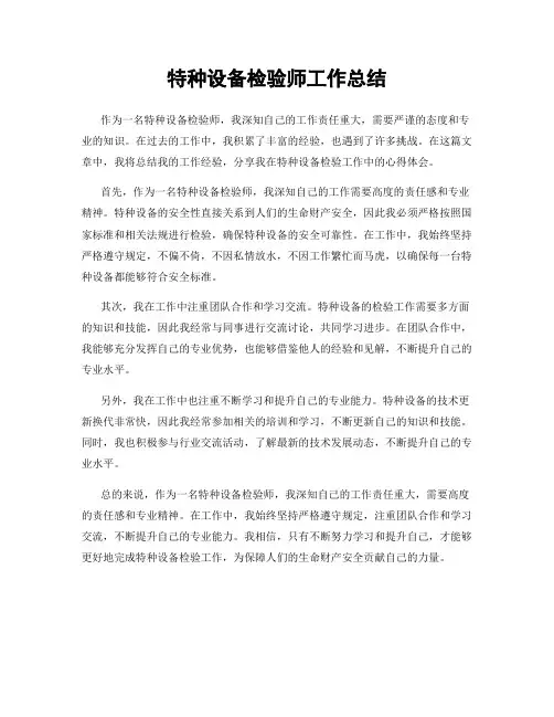 特种设备检验师工作总结