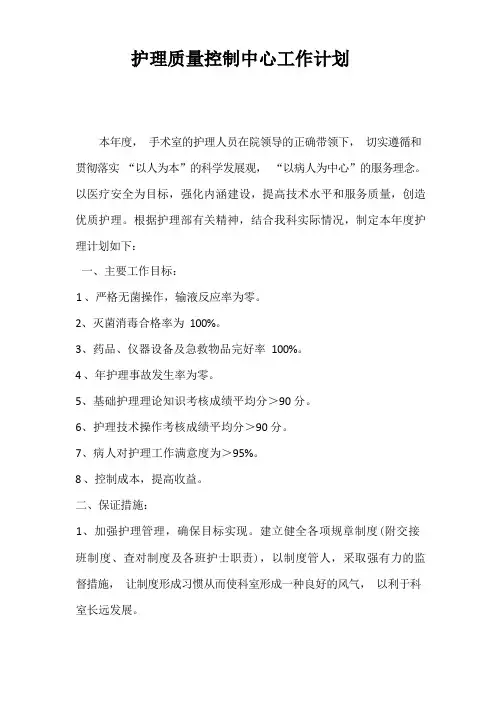 护理质量控制中心工作计划