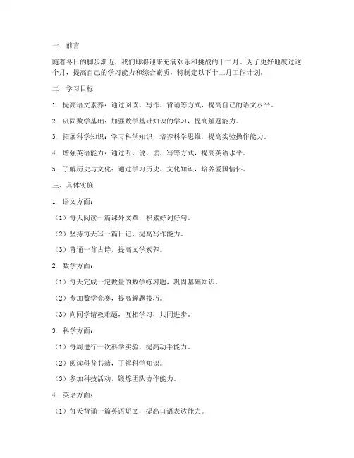 小学生十二月工作计划