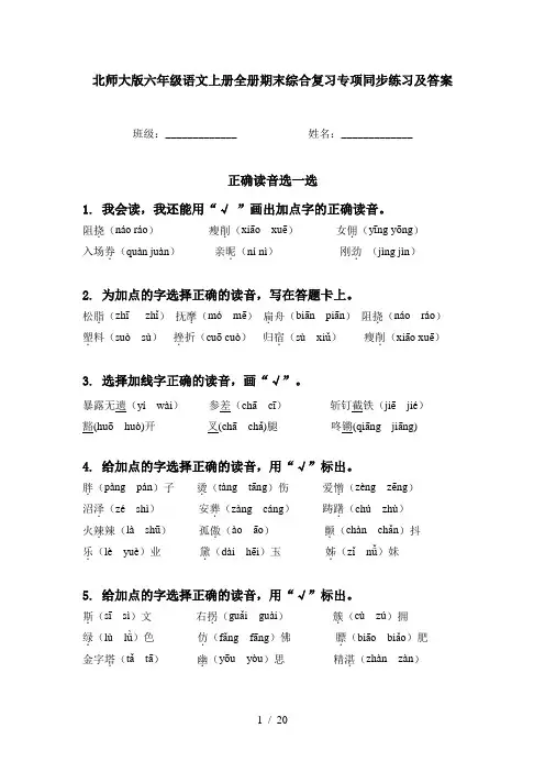 北师大版六年级语文上册全册期末综合复习专项同步练习及答案