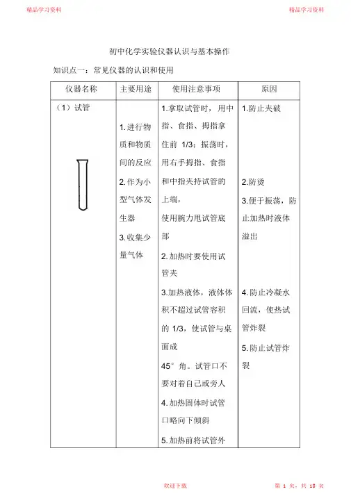 2021初中化学实验仪器认识与基本操作(完整版)