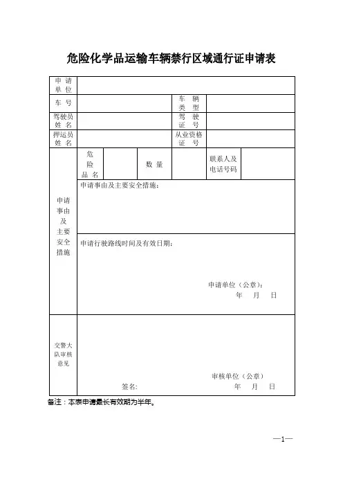 危险化学品运输车辆禁行区域通行证申请表