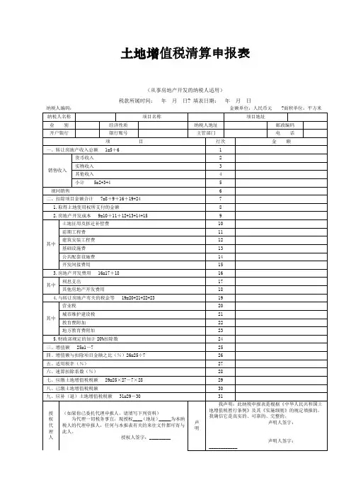 土地增值税清算申报表及附表