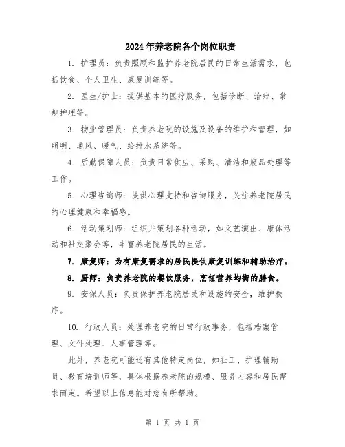 2024年养老院各个岗位职责
