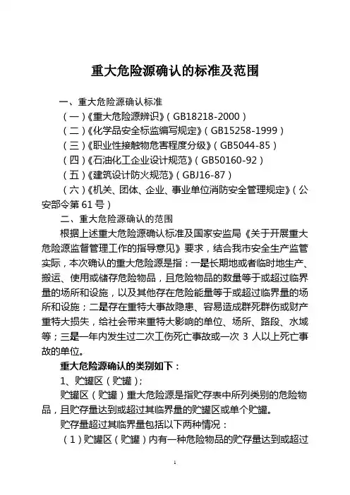重大危险源确认的标准及范围