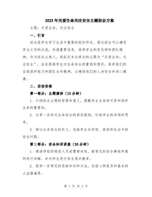 2023年关爱生命关注安全主题班会方案
