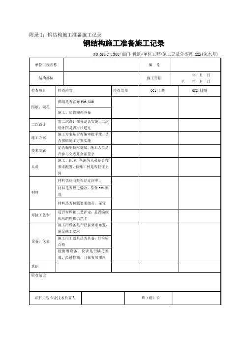 1、 钢结构施工准备施工记录