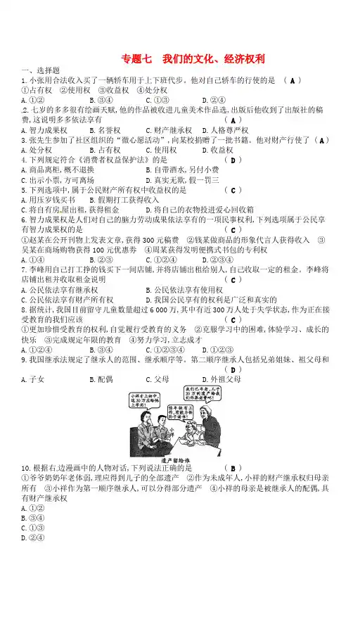 2018年中考政治专题七我们的文化经济权利复习练习(有答案)