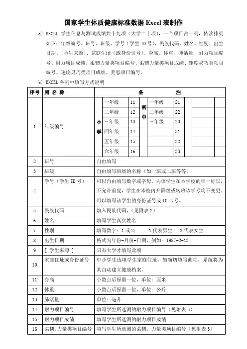 国家学生体质健康标准数据Excel表制作