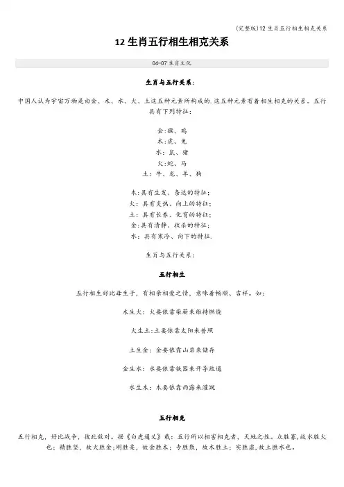 (完整版)12生肖五行相生相克关系