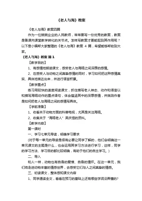 《老人与海》教案四篇