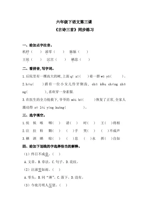 六年级下语文第三课《古诗三首》同步练习 含答案 人教统编版
