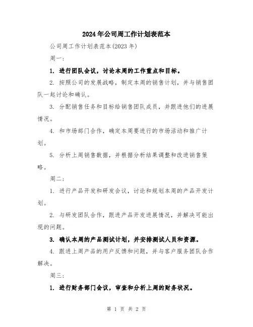 2024年公司周工作计划表范本
