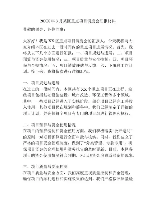 20XX年3月某区重点项目调度会汇报材料