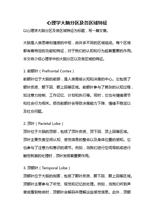 心理学大脑分区及各区域特征