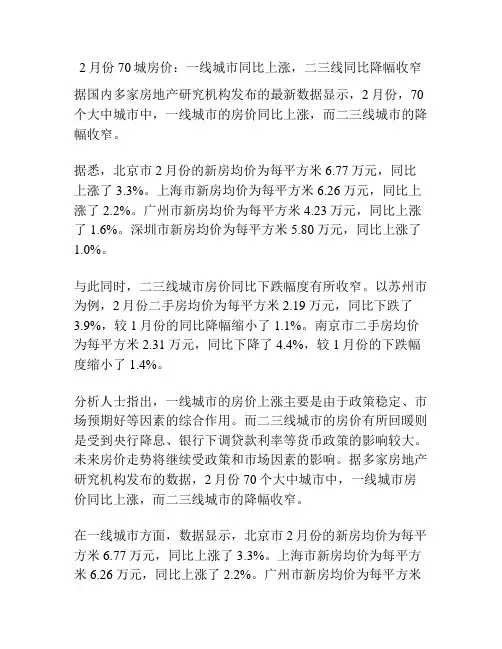 2月份70城房价：一线城市同比上涨,二三线同比降幅收窄