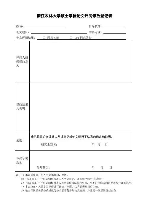 浙江农林大学硕士学位论文评阅修改登记表