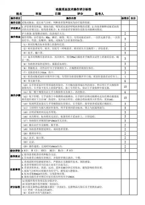 动脉采血技术操作评分标准