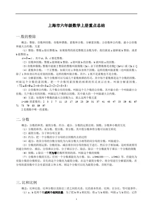 (完整word版)上海市六年级数学上册重点总结