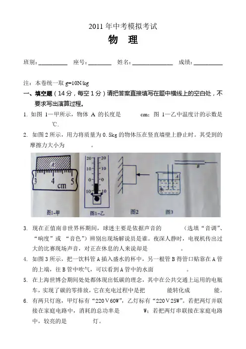 2011年中考模拟考试物理试卷(含参考答案)