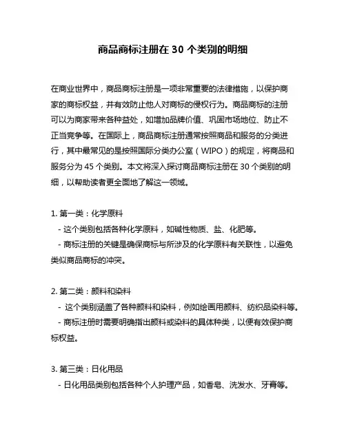商品商标注册在30个类别的明细