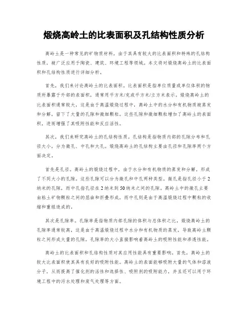 煅烧高岭土的比表面积及孔结构性质分析