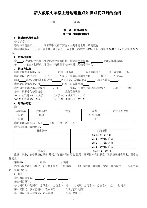 新人教版七年级上册地理重点知识点复习提纲填空版(含答案)