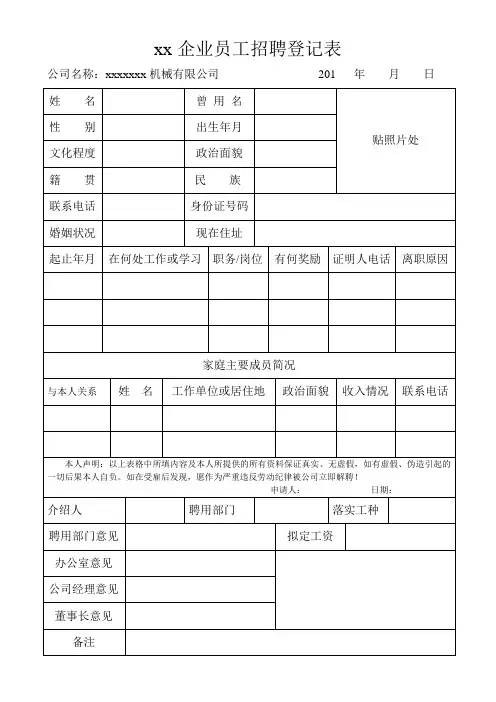 xx企业员工招聘登记表