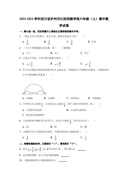 四川省泸州市江阳西路学校2023-2024学年六年级上学期期中数学试卷(含答案)