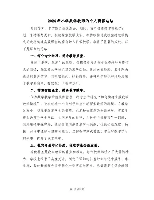 2024年小学数学教师的个人研修总结（3篇）