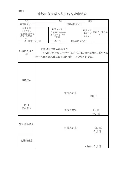 首都师范大学本科生转专业申请表