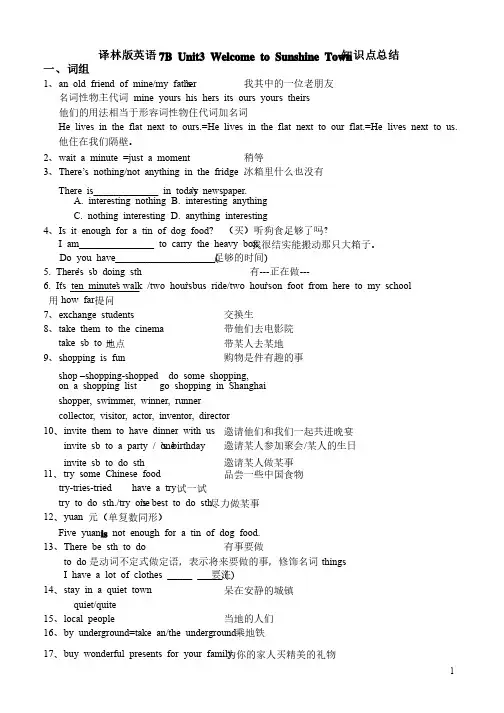 译林版英语7BUnit3WelcometoSunshineTown知识点总结