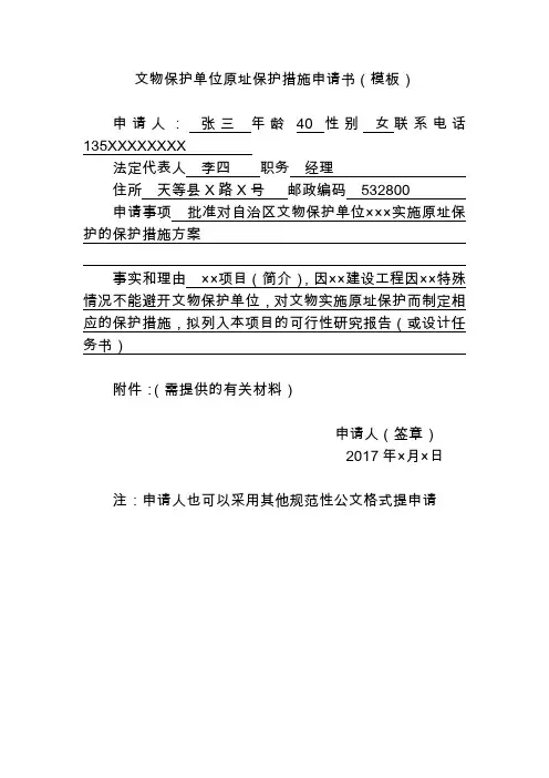 文物保护单位原址保护措施申请书模板