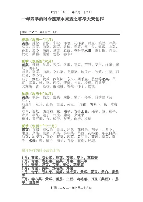一年四季的时令蔬菜水果表