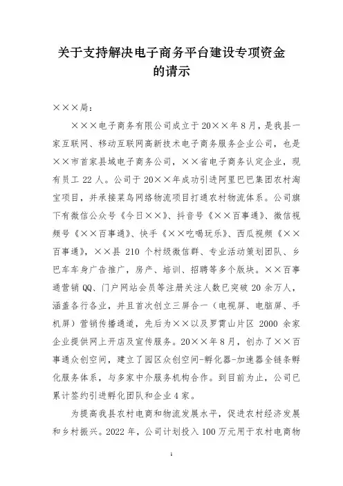 关于支持解决电子商务平台建设专项资金的请示