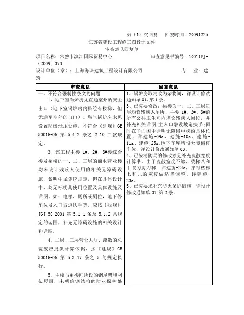 施工图审查意见回复单