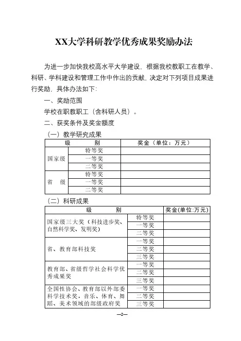 大学科研教学优秀成果奖励办法模板
