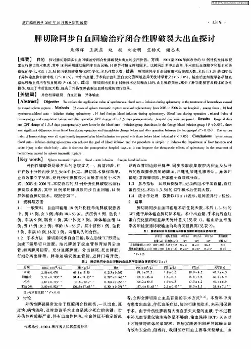 脾切除同步自血回输治疗闭合性脾破裂大出血探讨