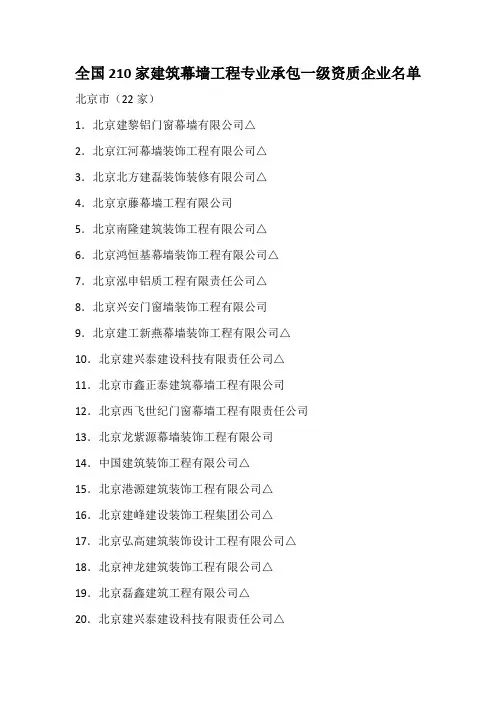 全国210家建筑幕墙工程专业承包一级资质企业名单