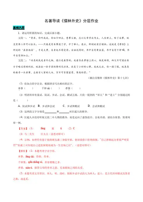 名著导读《儒林外史》(分层作业)-九年级语文下册同步备课系列(统编版)