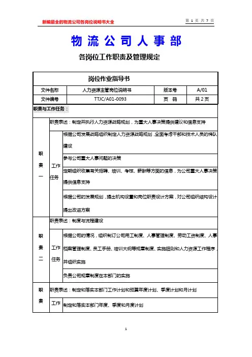 物流公司人事部各岗位工作职责及说明书