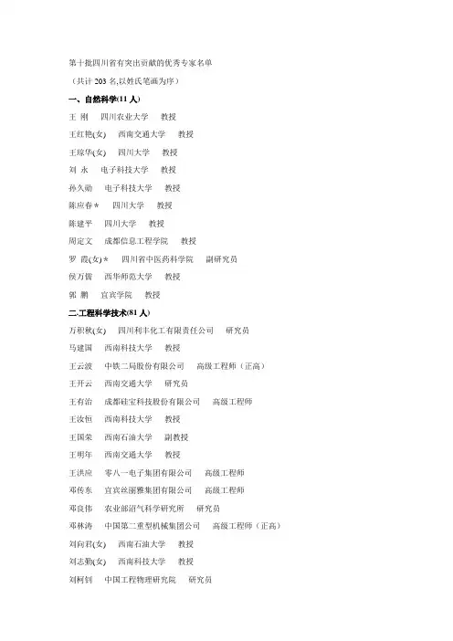 第十批四川省有突出贡献的优秀专家名单