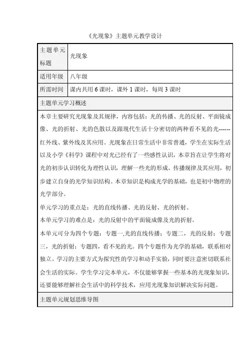 初中物理《光现象》单元教学设计以及思维导图1