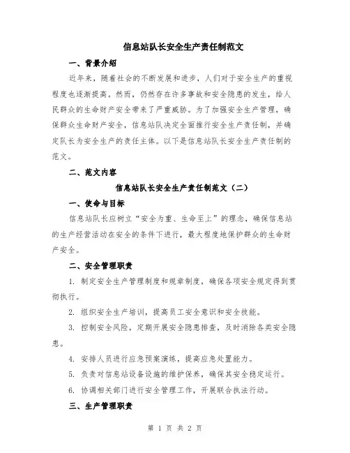 信息站队长安全生产责任制范文