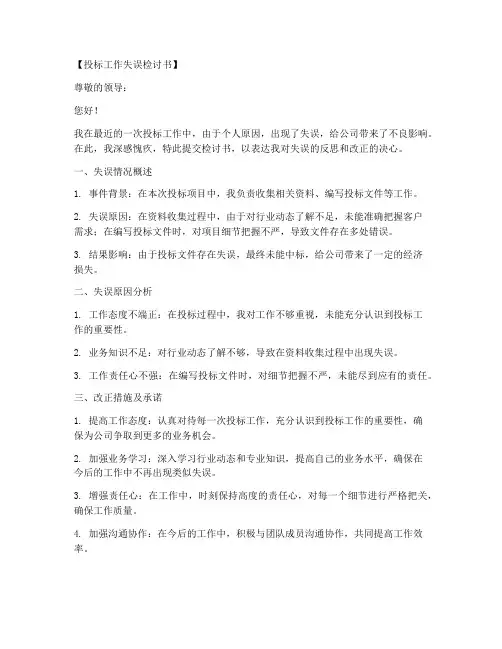 投标工作失误检讨书范文模板